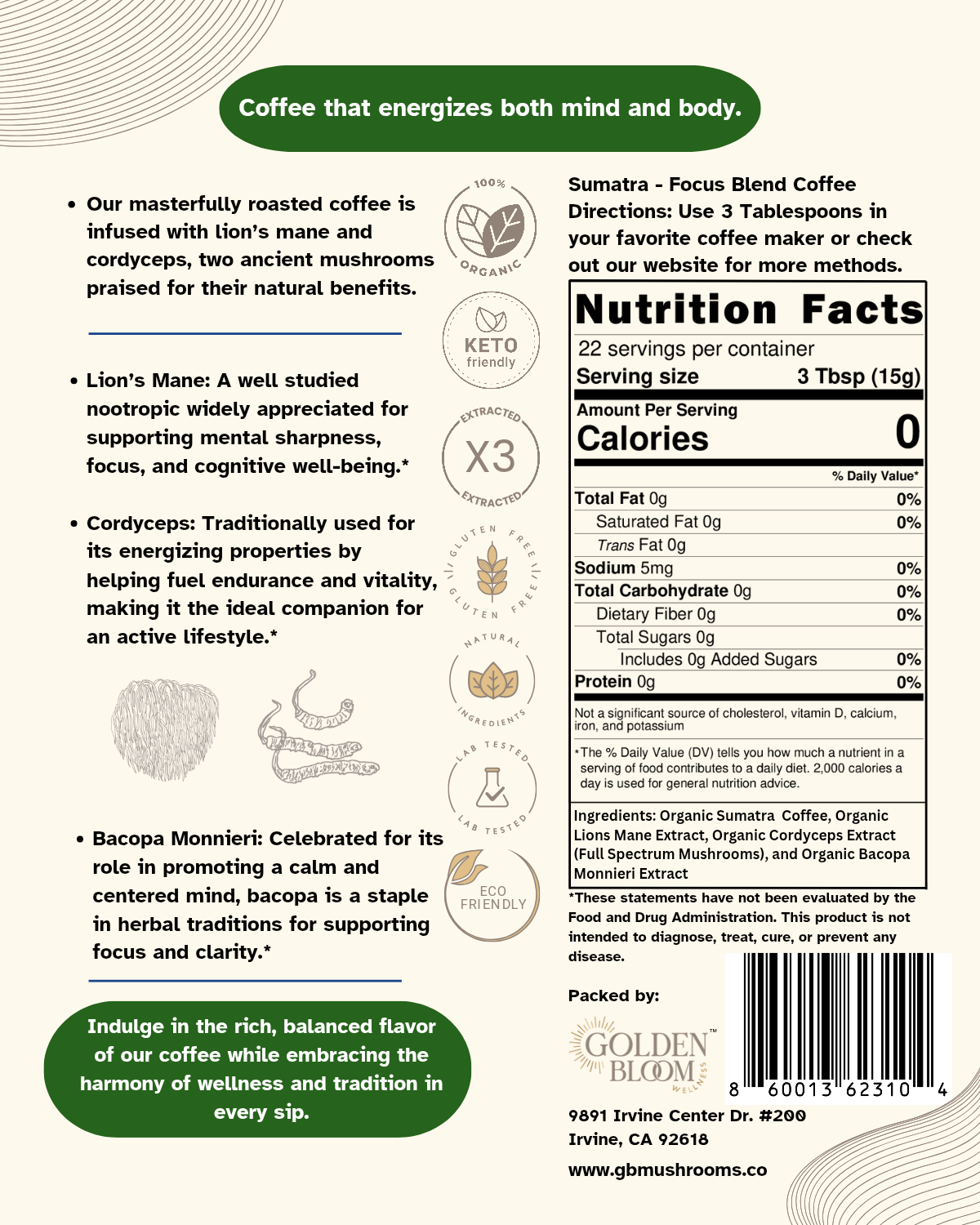 Organic Sumatra Medium Roast Coffee with Lions Mane Mushrooms