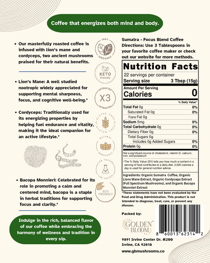 Organic Sumatra Medium Roast Coffee with Lions Mane Mushrooms