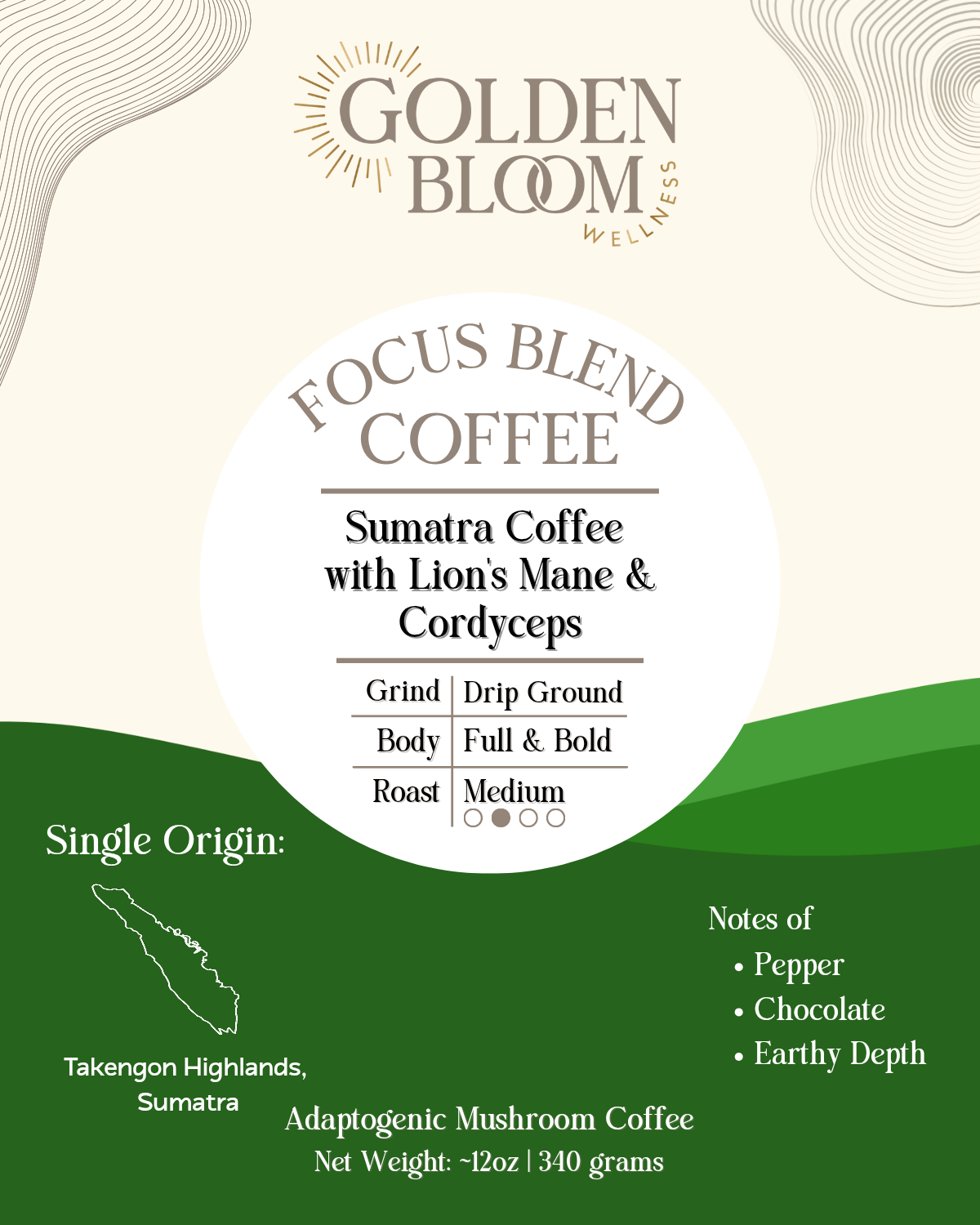 Organic Sumatra Medium Roast Coffee with Lions Mane Mushrooms